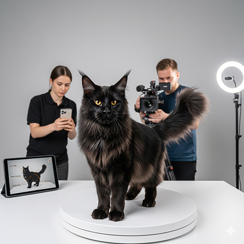 Người quay và người chụp đang ghi hình mèo Maine Coon đen trên bàn xoay để kiểm tra độ bóng và form