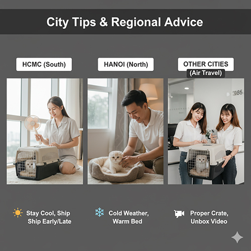 Người nuôi chăm mèo Scottish Fold khi giao nhận tại TP.HCM, Hà Nội và các tỉnh khác, minh họa mẹo an toàn theo vùng khí hậu