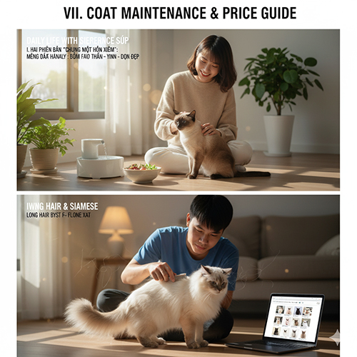 Cô gái và chàng trai chăm sóc mèo Xiêm lông ngắn và lông dài trong ánh sáng ấm, minh họa các bước chải lông và giữ màu lông bóng khỏe