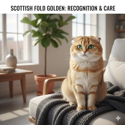 Ảnh đại diện mèo Golden tai cụp (Scottish Fold) ngồi trên sofa, ánh sáng tự nhiên; nhận biết màu golden, tai gập mềm, mắt tròn; gợi ý chăm sóc cơ bản.