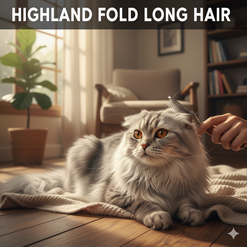 Mèo Highland Fold lông dài màu silver được chải lông bằng lược trong phòng khách sáng, ánh sáng tự nhiên làm nổi bật bộ lông bồng bềnh.