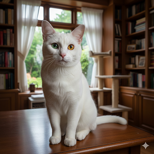 Mèo Khao Manee lông trắng tuyết mắt hai màu ngồi trong không gian trong nhà