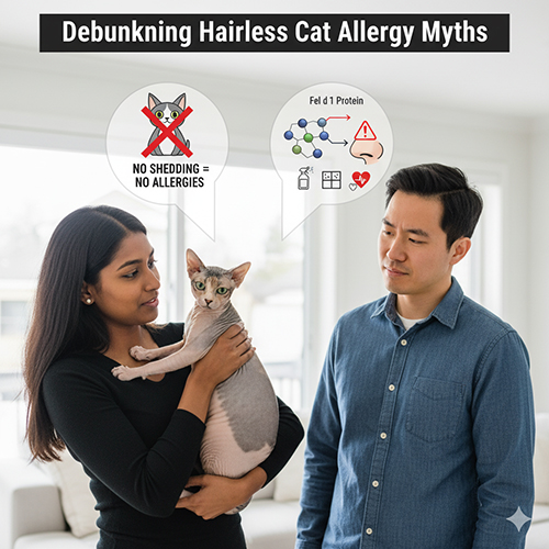 Cặp đôi trò chuyện cùng bác sĩ thú y về mèo Sphynx và dị ứng, minh họa hiểu lầm “mèo không lông không gây dị ứng”