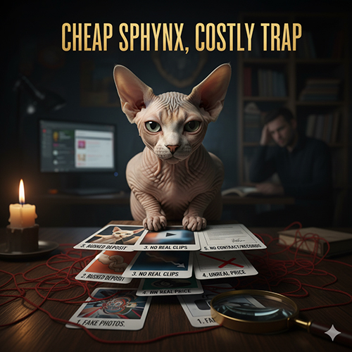 mèo Sphynx không lông ngồi trên bàn giữa các lá bài ghi cảnh báo lừa đảo, minh họa 5 bẫy khi mua mèo Sphynx giá rẻ