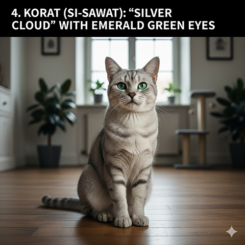 Mèo Korat Si-Sawat lông xám bạc mắt xanh lá ngồi trong không gian trong nhà