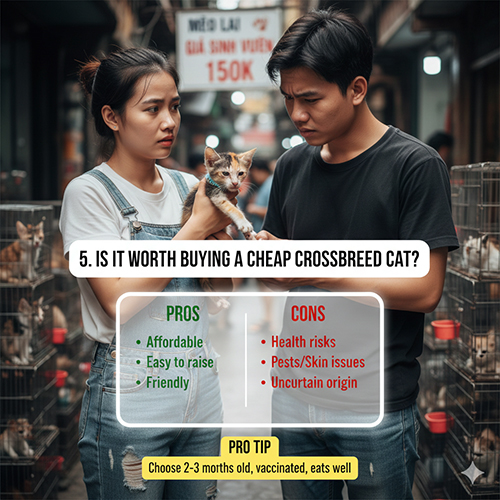 Hình ảnh minh họa mèo lai giá rẻ với người mua cân nhắc ưu nhược điểm trước khi quyết định