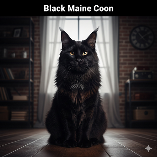 Mèo Maine Coon đen ngồi trong không gian industrial với ánh sáng cửa sổ tạo độ sâu cho coat