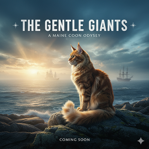 Mèo Maine Coon khổng lồ ngồi trên mỏm đá ven biển dưới hoàng hôn, ảnh đại diện cho cẩm nang giống mèo Maine Coon.