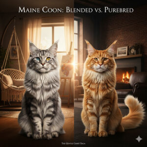 Ảnh so sánh mèo Maine Coon lai và Maine Coon thuần chủng ngồi trong phòng khách ấm áp, dùng cho bài viết về nhận diện ngoại hình, trải nghiệm nuôi và khung giá cận dưới.