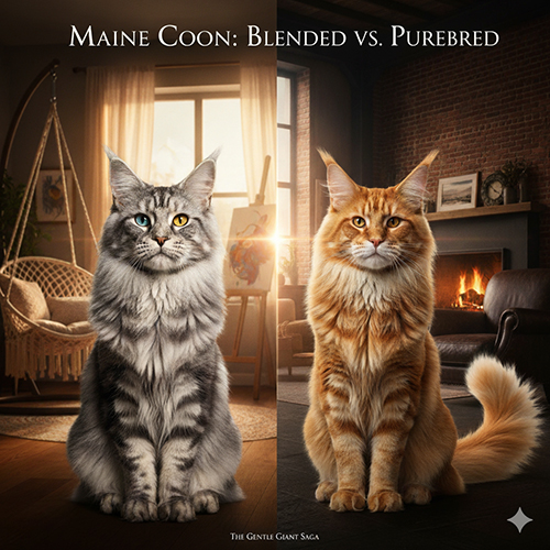 Ảnh so sánh mèo Maine Coon lai và Maine Coon thuần chủng ngồi trong phòng khách ấm áp, dùng cho bài viết về nhận diện ngoại hình, trải nghiệm nuôi và khung giá cận dưới.