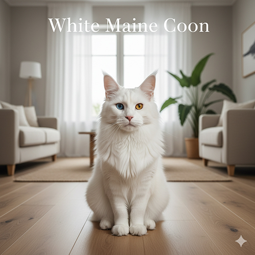 Mèo Maine Coon trắng ngồi trong phòng khách sáng, mắt hai màu nổi bật