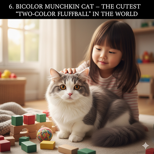 Bé gái vuốt ve mèo Munchkin bicolor trắng xám trong phòng chơi, lông bông mịn, mặt trắng tai xám, đồ chơi gỗ nhiều màu.