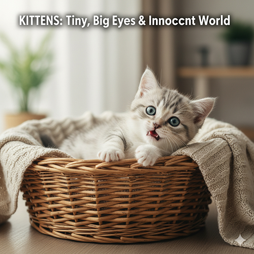 Mèo con Munchkin xám tabby nằm trong giỏ mây, mắt to tròn nhìn lên đáng yêu, ánh sáng tự nhiên buổi sáng.