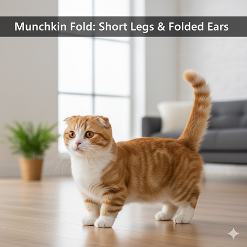 Mèo Munchkin Fold màu vàng trắng với đôi tai cụp và chân ngắn đang đứng trong phòng khách sáng sủa
