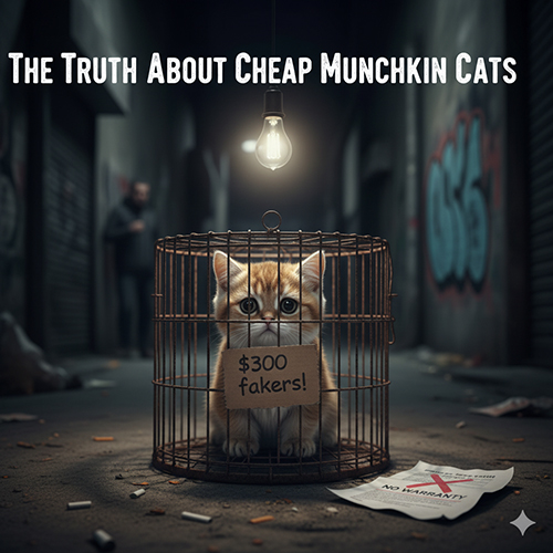 Hình minh họa mèo Munchkin bị nhốt trong lồng với biển “$300” giữa con hẻm tối – cảnh báo rủi ro khi mua mèo giá rẻ: ảnh giả, mèo bệnh, không bảo hành, không giấy tờ