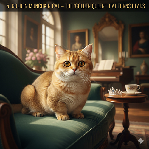 Mèo Munchkin golden ngồi trên sofa tân cổ điển, lông vàng kim phản sáng, mắt hổ phách, không gian sang trọng.