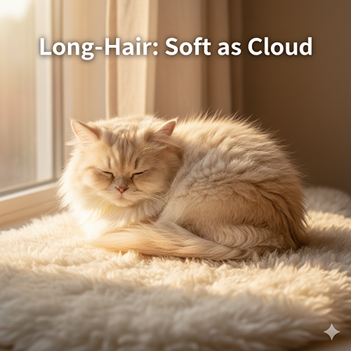 Mèo Munchkin lông dài màu vàng kem nằm cuộn tròn trên thảm lông trắng cạnh cửa sổ, ánh nắng vàng nhẹ buổi sáng.