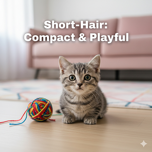 Mèo Munchkin lông ngắn xám tabby ngồi bên cuộn len trong phòng khách, ánh sáng tự nhiên, gọn gàng và năng động.