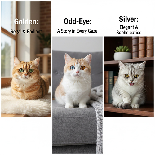 Bộ ba mèo Munchkin màu hiếm: Golden, Silver và Odd-eye – chụp trong nhà, ánh sáng tự nhiên, tôn lên sắc lông độc đáo và biểu cảm kiêu kỳ.
