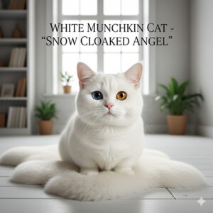 Mèo Munchkin trắng với đôi mắt hai màu, ngồi trên tấm thảm lông mềm giữa căn phòng sáng, được ví như “thiên thần nhỏ khoác áo tuyết”.