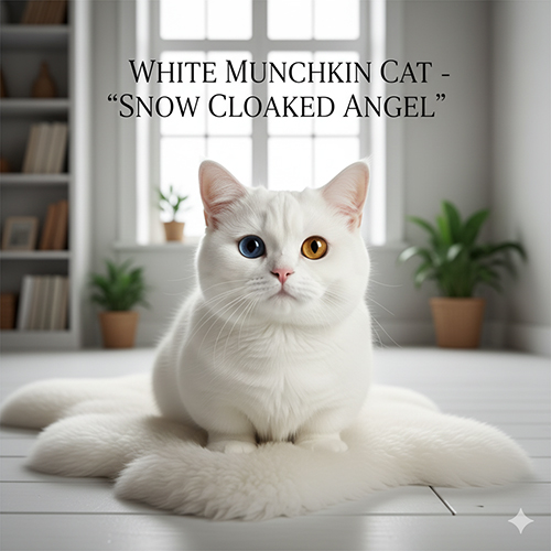 Mèo Munchkin trắng với đôi mắt hai màu, ngồi trên tấm thảm lông mềm giữa căn phòng sáng, được ví như “thiên thần nhỏ khoác áo tuyết”.