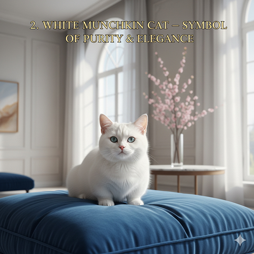 Mèo Munchkin trắng ngồi trên đệm xanh trong phòng khách sáng, lông trắng tuyền, mắt xanh hoặc vàng nhạt, mũi hồng nhỏ.