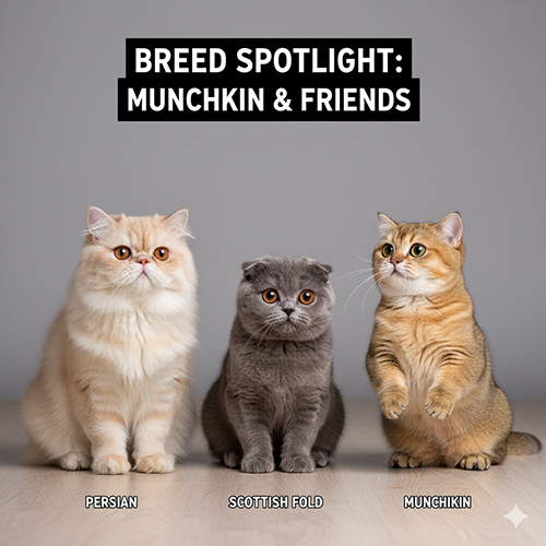 Ba chú mèo ngồi cạnh nhau trên nền sáng: mèo Ba Tư lông dài màu kem, mèo tai cụp Scottish Fold màu xám và mèo Munchkin màu vàng đứng bằng hai chân sau – thể hiện sự khác biệt giữa các giống mèo phổ biến.