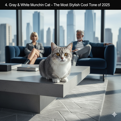 Mèo Munchkin xám trắng ngồi trên bàn phòng khách hiện đại, lông xám tabby pha trắng, hậu cảnh skyline thành phố