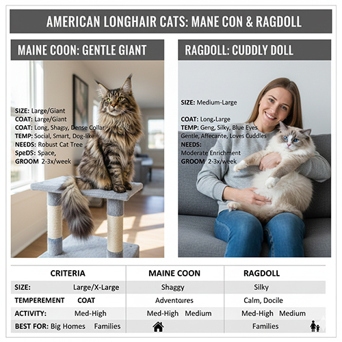 Mèo Mỹ lông dài Maine Coon và Ragdoll với đặc điểm ngoại hình và tính cách khác biệt