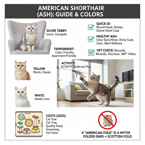 Mèo Mỹ lông ngắn American Shorthair với đặc điểm nhận diện nhanh và các biến thể màu phổ biến