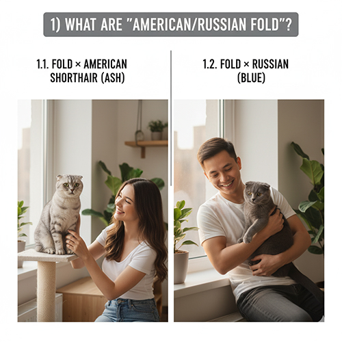 Hai người chơi đùa cùng mèo Scottish Fold lai American Shorthair và Russian Blue trong căn phòng sáng với cây xanh