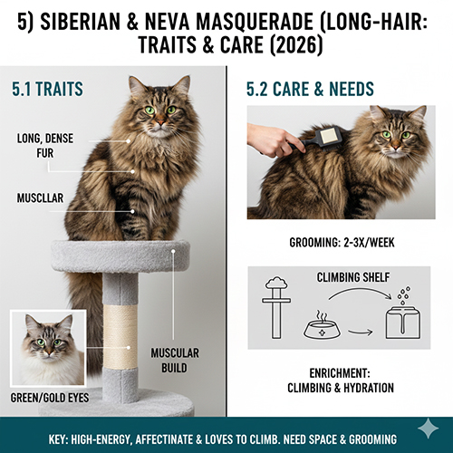 Mèo Nga lông dài Siberian và Neva Masquerade với bộ lông xù, thân hình chắc khỏe và nhu cầu leo trèo cao