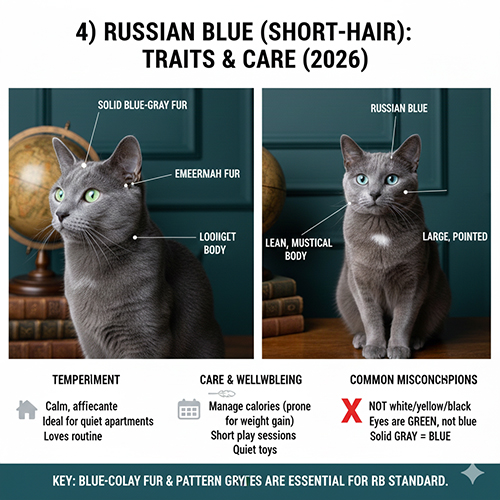 Mèo Nga lông ngắn Russian Blue với lông xám ánh bạc, mắt xanh lục và dáng thon gọn đặc trưng