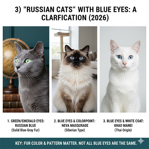 Phân biệt mèo Nga mắt xanh theo màu mắt, màu lông và pattern gồm Russian Blue, Neva Masquerade và mèo trắng mắt xanh