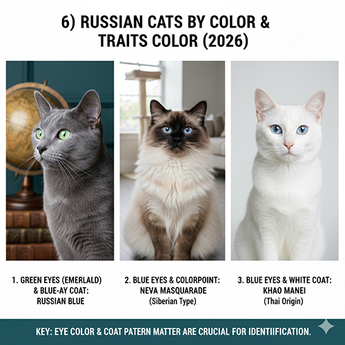 Phân loại mèo Nga theo màu lông và màu mắt giúp phân biệt Russian Blue, Neva Masquerade và mèo trắng mắt xanh