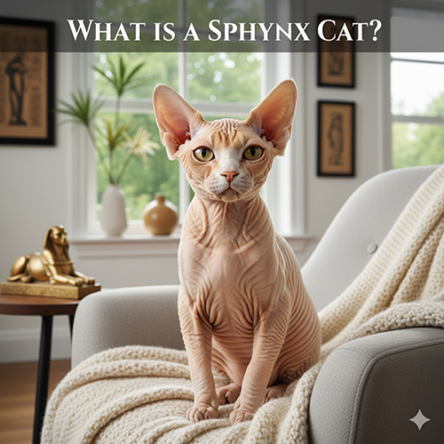 Mèo Sphynx ngồi trên ghế trong phòng khách sáng, lộ rõ nếp da và đôi tai lớn