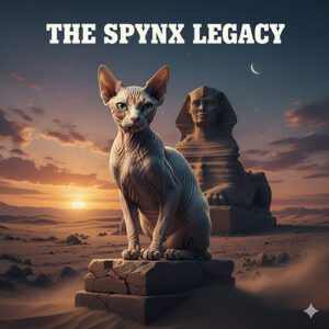 Mèo Sphynx ngồi trên bệ đá trước tượng Nhân Sư giữa hoàng hôn sa mạc