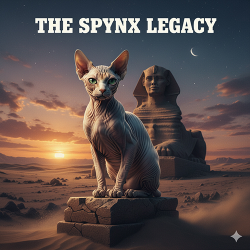 Mèo Sphynx ngồi trên bệ đá trước tượng Nhân Sư giữa hoàng hôn sa mạc