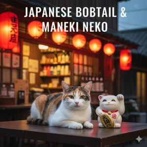 Mèo Nhật Bản Japanese Bobtail ngồi cạnh mèo thần tài Maneki Neko trong không gian Nhật truyền thống
