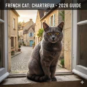 Mèo Pháp Chartreux mắt vàng lông xám xanh đặc trưng ngồi bên cửa sổ