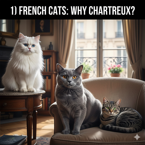Ba giống mèo phổ biến tại Pháp gồm mèo Chartreux xám mèo trắng lông dài và mèo mướp
