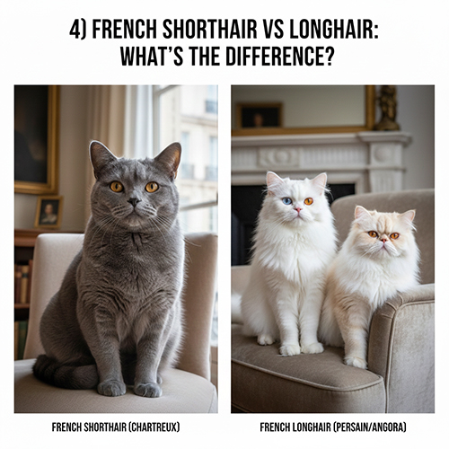 Hình ảnh mèo Pháp lông ngắn Chartreux bên cạnh mèo lông dài giống Persian và Angora