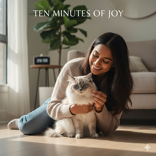 Mèo Ragdoll ngồi bên chủ trong ánh sáng tự nhiên, khoảnh khắc vui ngắn mà ấm