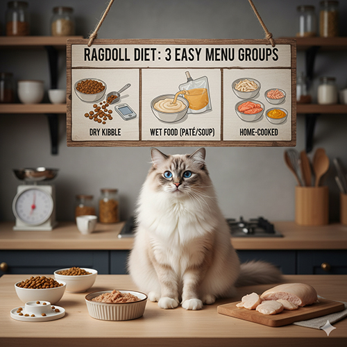 Ba nhóm thực đơn cho mèo Ragdoll gồm hạt khô, thức ăn ướt và bữa tự nấu dễ áp dụng cho mọi gia đình