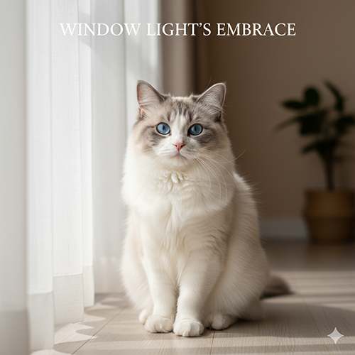 Mèo Ragdoll ngồi cạnh rèm trắng trong ánh sáng cửa sổ dịu và đều