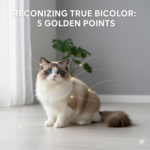 Mèo Ragdoll bicolor ngồi trong phòng sáng tự nhiên, các điểm nhận diện được đánh dấu nhẹ