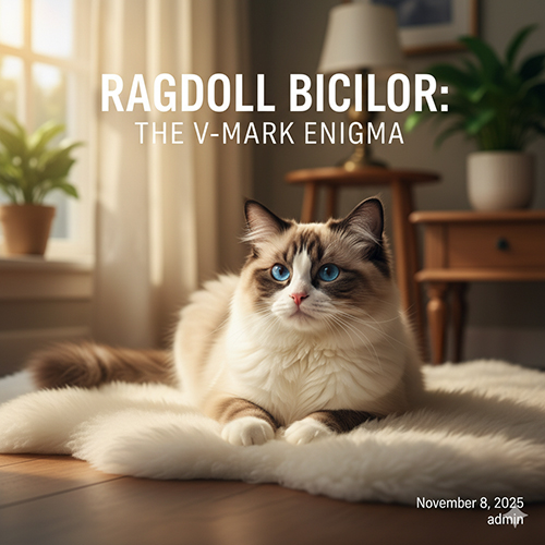 Mèo Ragdoll bicolor nằm trên thảm, mặt chữ V ngược rõ, ánh sáng phòng ấm áp
