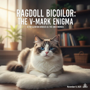 Mèo Ragdoll bicolor nằm trên thảm lông, mặt chữ V ngược rõ, ánh sáng đẹp trong phòng