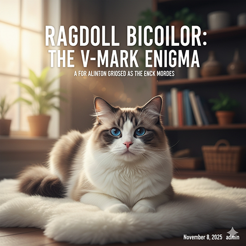 Mèo Ragdoll bicolor nằm trên thảm lông, mặt chữ V ngược rõ, ánh sáng đẹp trong phòng