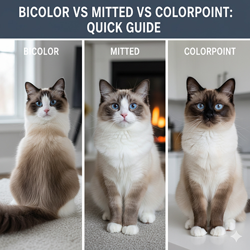 Ba bé mèo Ragdoll lần lượt thể hiện ba pattern: bicolor, mitted và colorpoint để so sánh nhanh